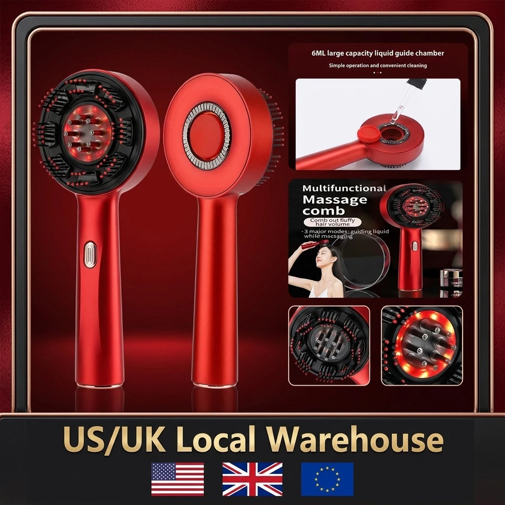 Red Light Scalp Massager with Serum Applicator, Electric Hair Comb with 3 Modes & 630nm LED, Rechargeable for Scalp Stimulation